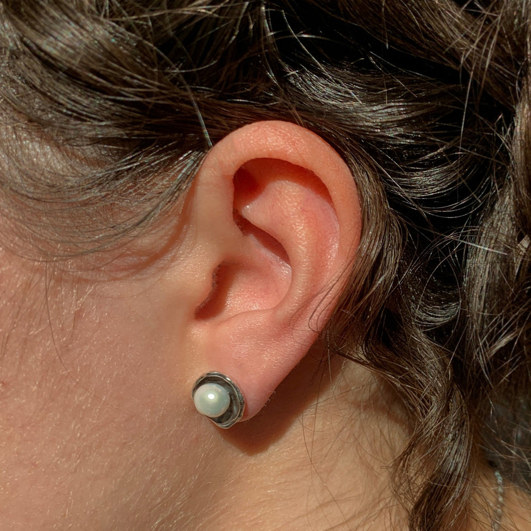 Pearl Blackened Sterling Silver Stud Earrings - "Ariel"