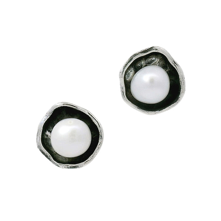 Pearl Blackened Sterling Silver Stud Earrings - "Ariel"
