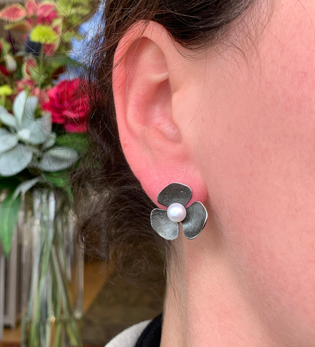 Pearl Blackened Sterling Silver Studs - "Petal Punk"