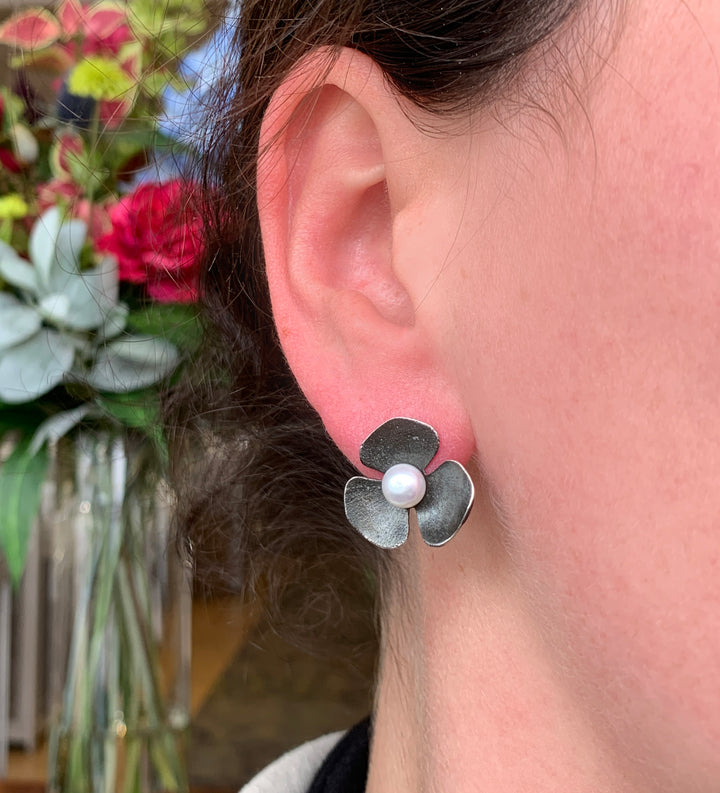 Pearl Blackened Sterling Silver Studs - "Petal Punk"