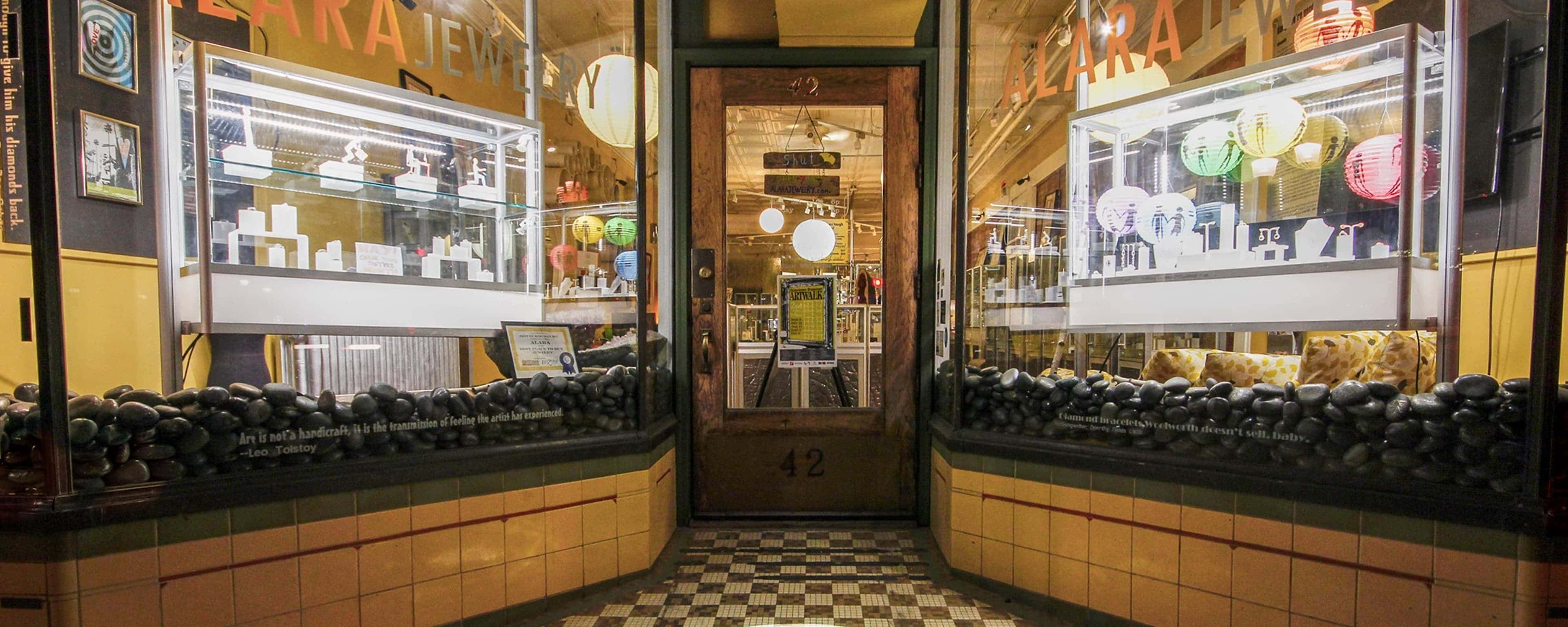 Exterior of Alara Jewelry gem gallery at 42 W Main Street in Downtown Bozeman