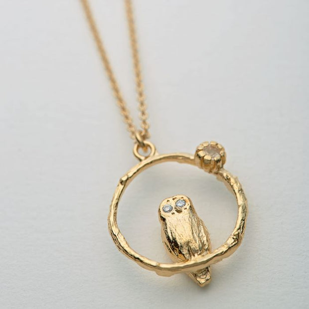 Moonstone & Diamond Gold Vermeil Necklace - "Peering Owl"