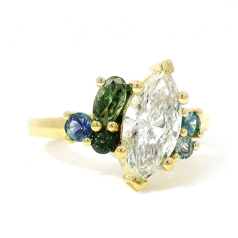 Marquise Diamond & Montana Sapphire Cluster Ring - "Palisade"
