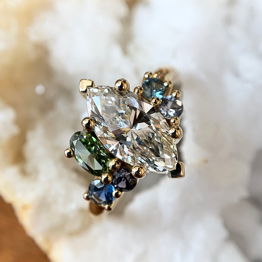 Marquise Diamond & Montana Sapphire Cluster Ring - "Palisade"