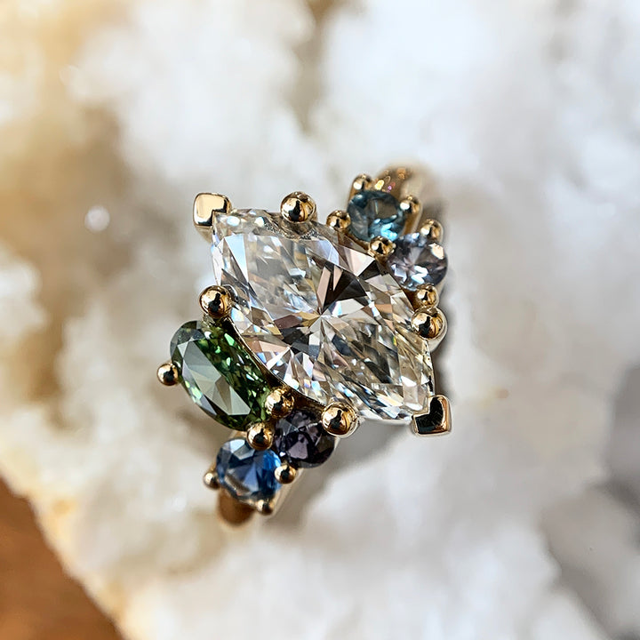 Marquise Diamond & Montana Sapphire Cluster Ring - "Palisade"
