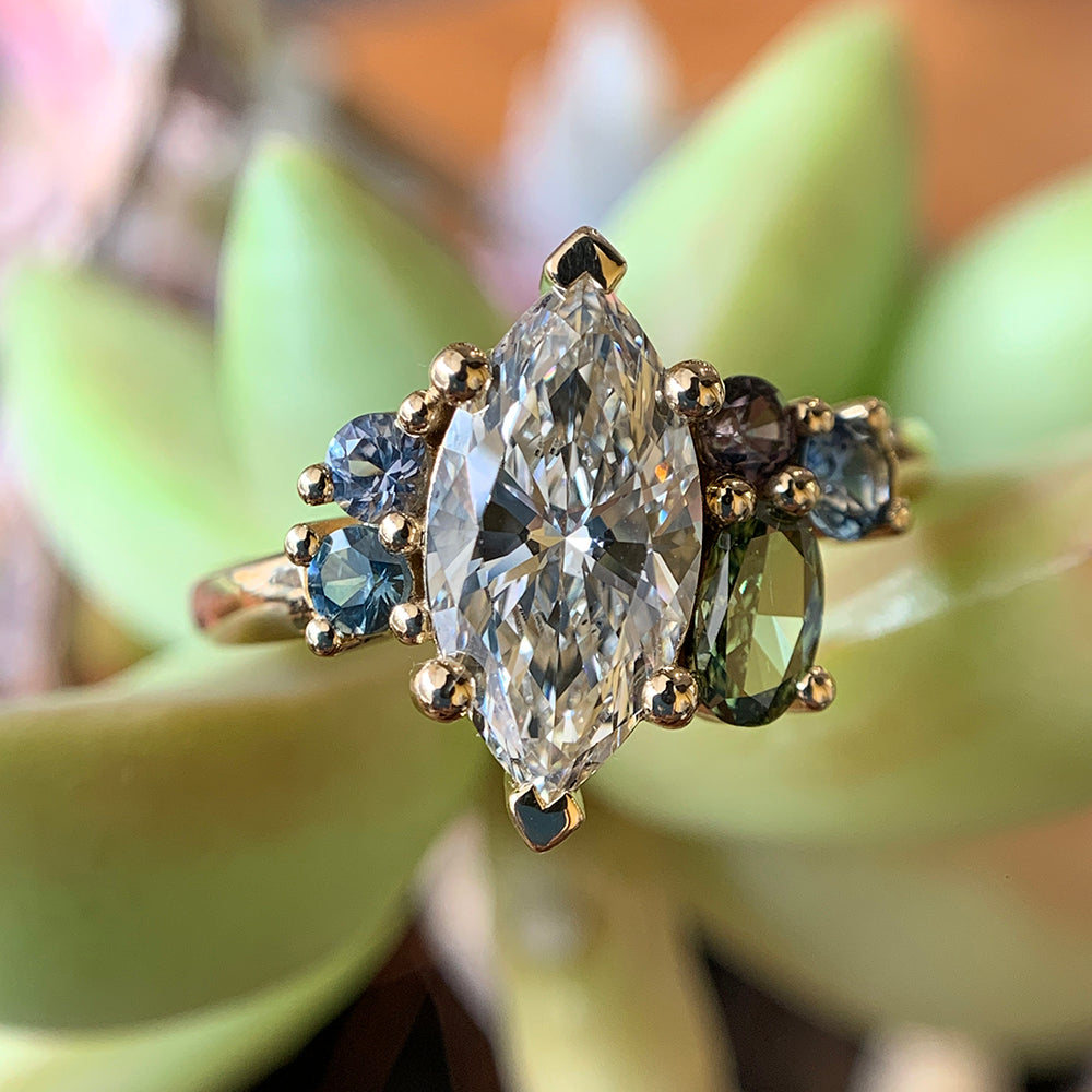 Marquise Diamond & Montana Sapphire Cluster Ring - "Palisade"