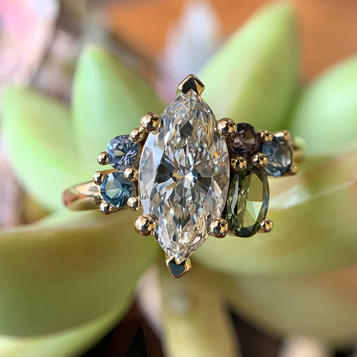 Marquise Diamond & Montana Sapphire Cluster Ring - "Palisade"