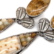 Ciara Easterling Sterling Silver Fossilized Coral, Agate, Palmwood, and Trilobite Drop Earrings Close Up