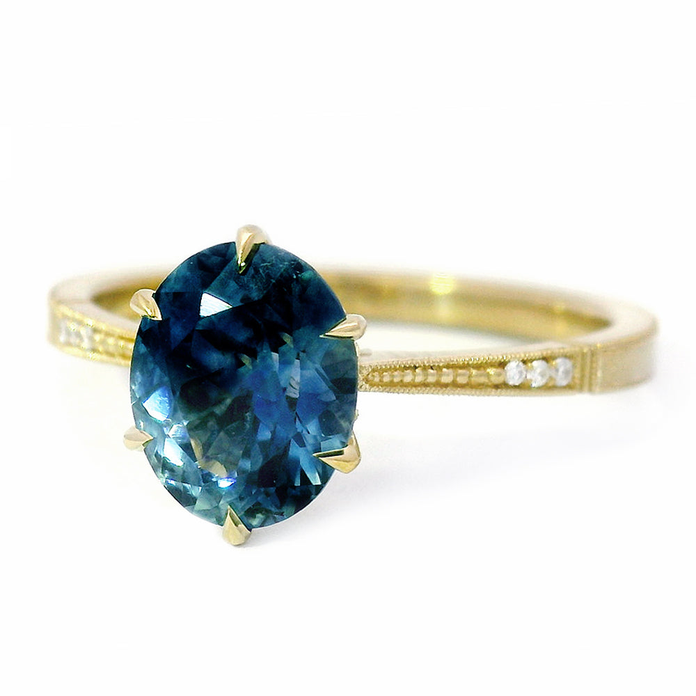 Blue Montana Sapphire & Diamond Engagement Ring - "Laurel Cathedral"