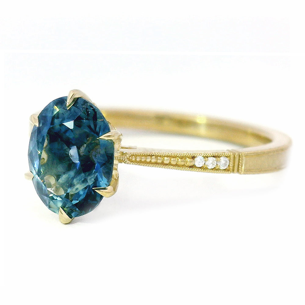 Blue Montana Sapphire & Diamond Engagement Ring - "Laurel Cathedral"