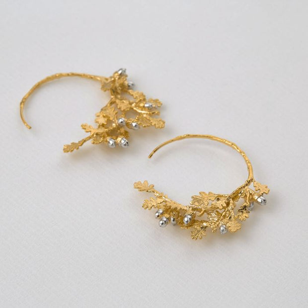 Sterling Silver & Gold Vermeil Hoops - "Oak Leaf & Acorns"