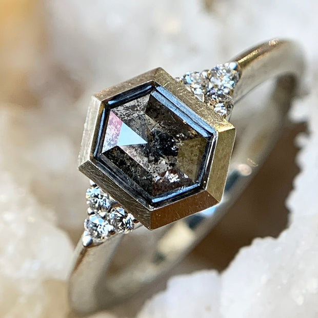 Hexagonal Salt & Pepper Diamond Ring - "Denise"