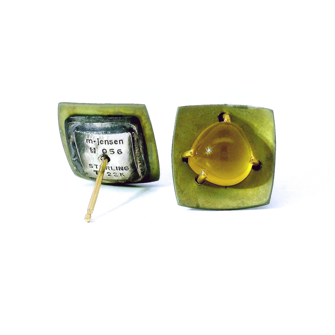 Heliodor cabochon earrings with architectural mixed-metal frame