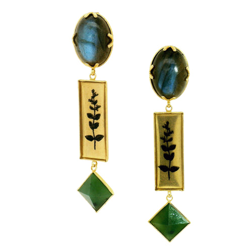 Labradorite & Jade Gold Vermeil Earrings - "Night Garden"