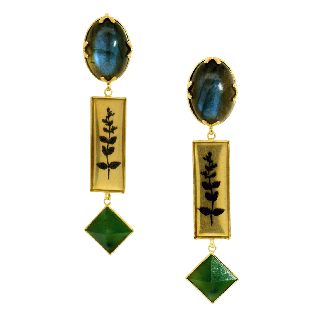 Night Garden botanical drop earrings by Anna Bánkuti with labradorite and jade