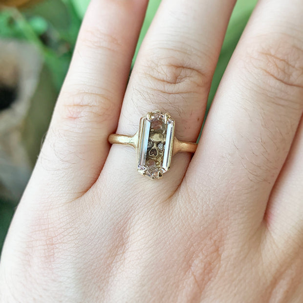 Morganite, Diamond & Yellow Gold Skull Ring - "Into the Crypt"