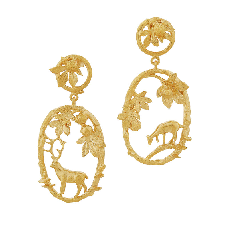 Gold Vermeil Woodland Drop Earrings - "Doe & Stag"
