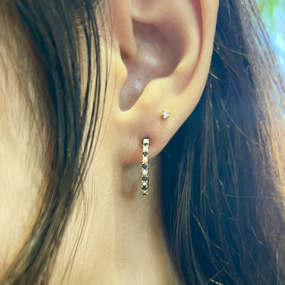 Pearl & Black Diamond Yellow Gold Hoops - "Old Hollywood"