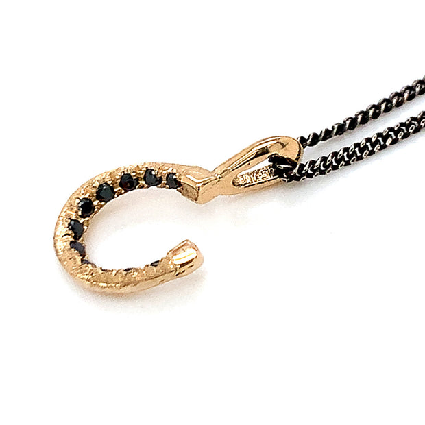 Gold & Sterling Silver Black Diamond Horseshoe Necklace - "Little Luck"