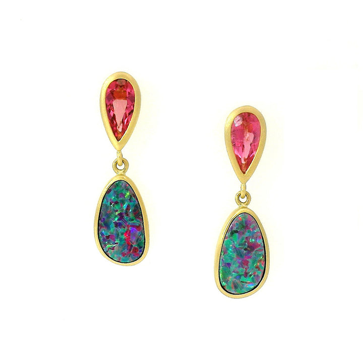 Opal Doublet & Pink Tourmaline Earrings - "Confetti"