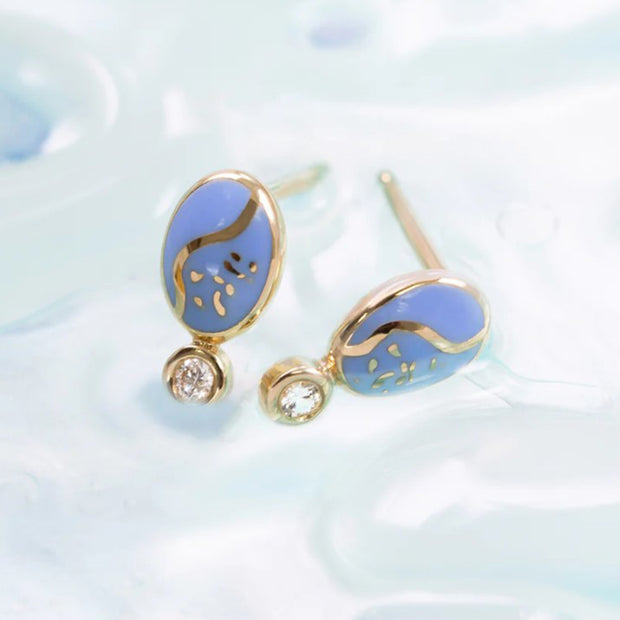 Diamond, Yellow Gold & Blue Enamel Earrings - "Chime of Memories"