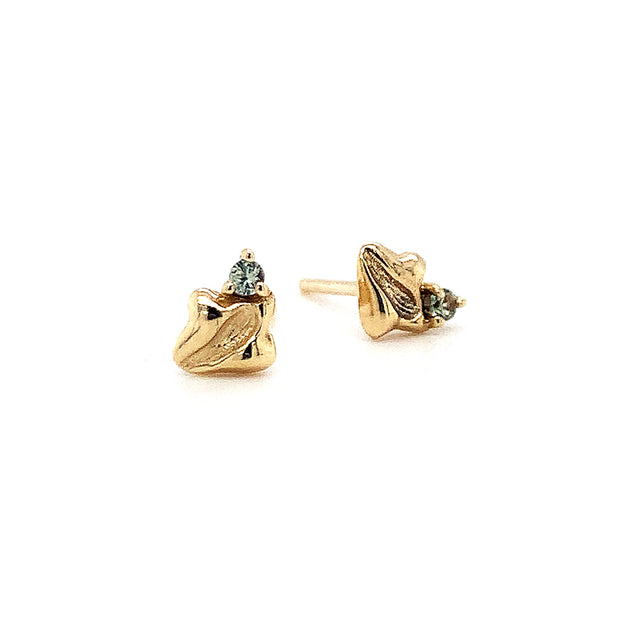 Sapphire & Yellow Gold Stud Earrings - "Soft Sage Mist"