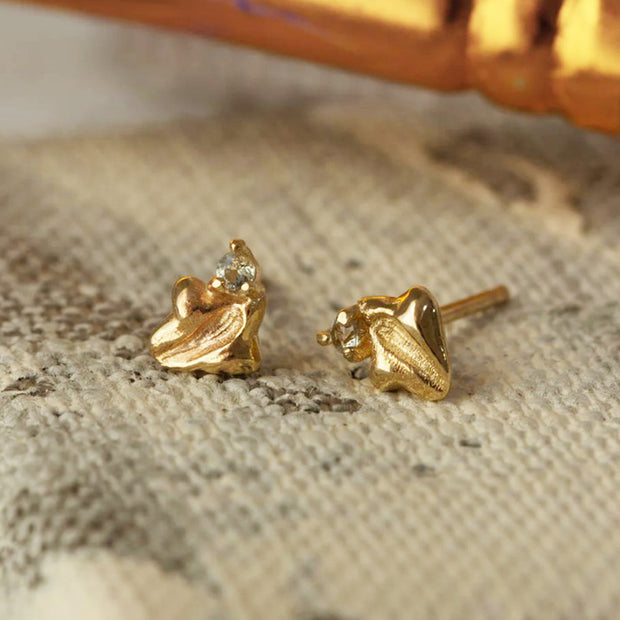 Sapphire & Yellow Gold Stud Earrings - "Soft Sage Mist"