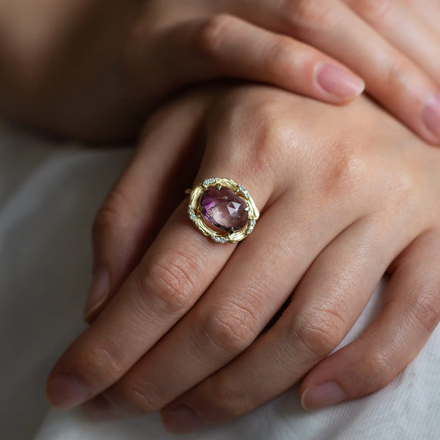 Rutilated Amethyst & Diamond Yellow Gold Ring - "Ultra Violet"