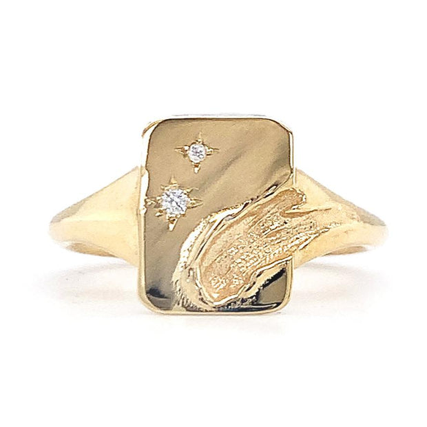 Le Conte Eunmi Han 14K Yellow Gold Van Gogh Sunflower Diamond and Paint Stroke Signet Ring Front