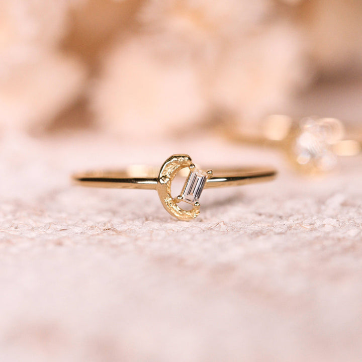 Dainty Diamond Baguette & Yellow Gold Ring - "Brushed Glimmer"