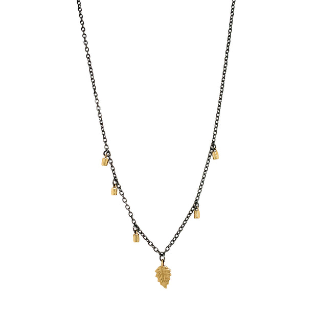 Yellow Gold & Sterling Silver Necklace - "Leaf & Fairy Dust"