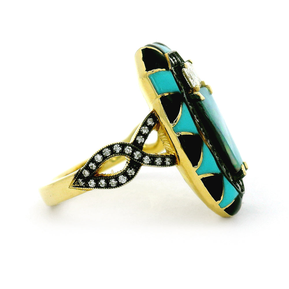 Opal, Diamond & Enamel Fashion Ring - "Blue Mint"