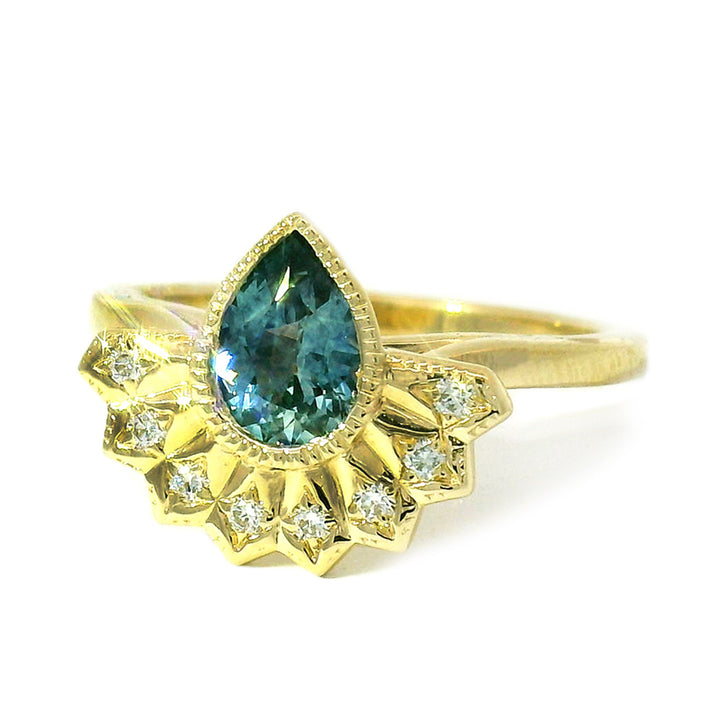 Pear-Shaped Montana Sapphire & Diamond Ring - "Meadowlark"