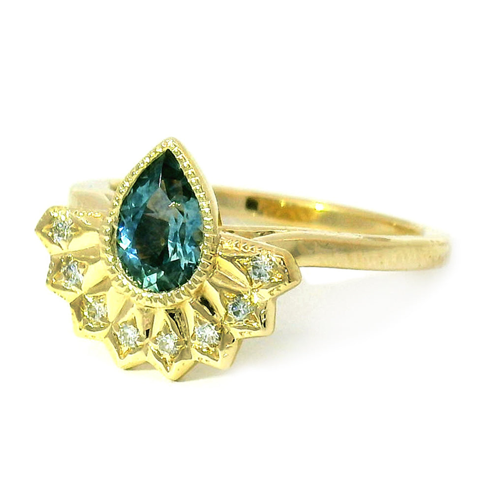 Pear-Shaped Montana Sapphire & Diamond Ring - "Meadowlark"