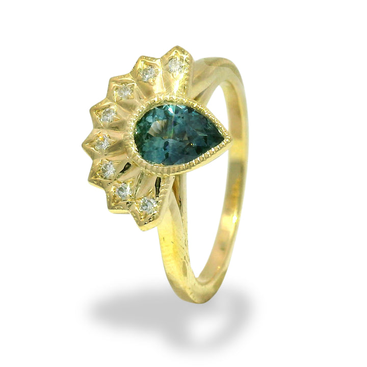 Pear-Shaped Montana Sapphire & Diamond Ring - "Meadowlark"
