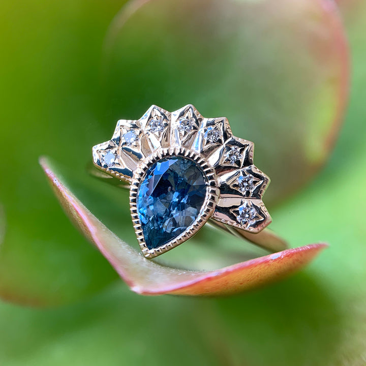 Pear-Shaped Montana Sapphire & Diamond Ring - "Meadowlark"