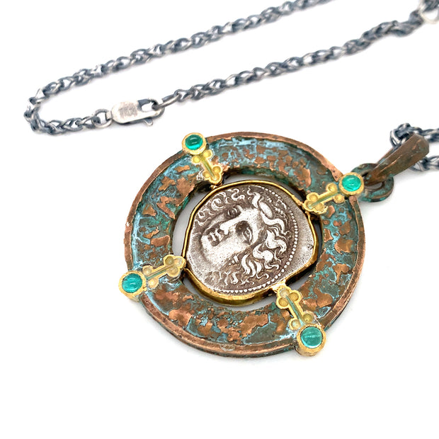 Reversible Ancient Greek Coin & Emerald Necklace - "Neo Bronze Age"