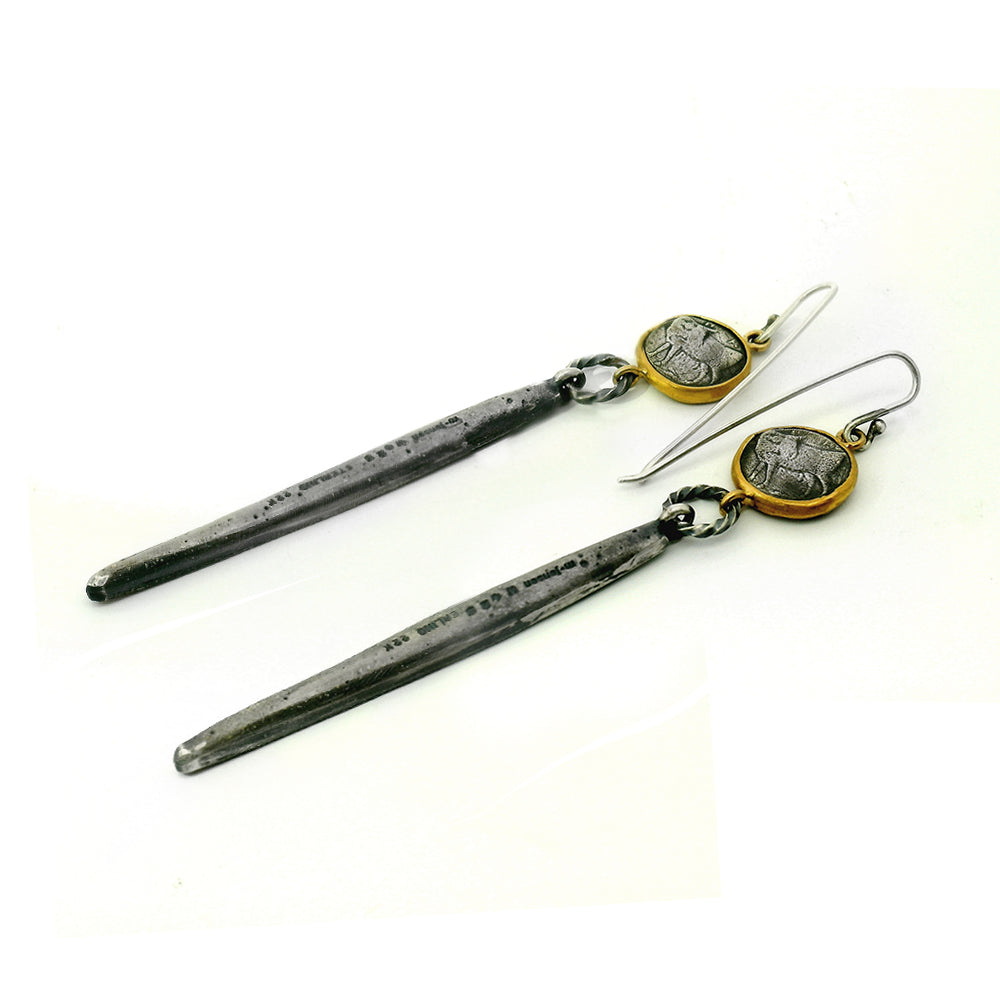 Cast Silver Hemidrachs & Enamel Drop Earrings - "Medusa the Gorgon"