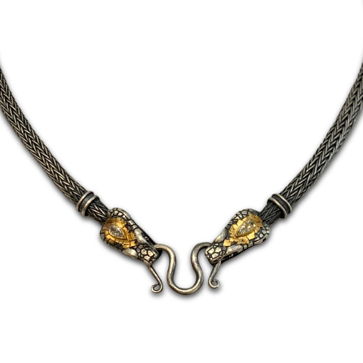Hand-Carved Serpent Head & Diamond Necklace - "Nehebkau"
