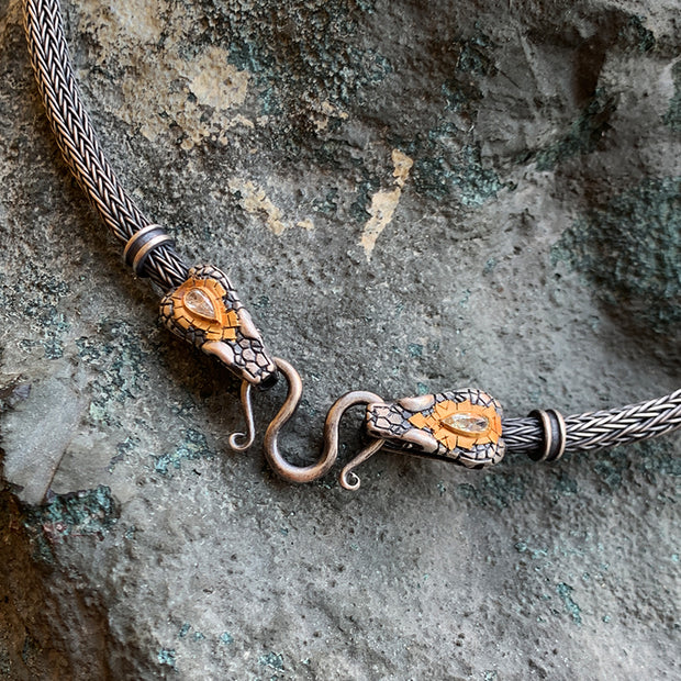 Hand-carved Serpent Head & Diamond Necklace - "Nehebkau"