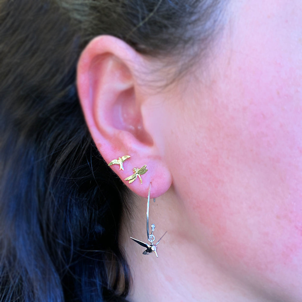 Yellow Gold Stud Earrings - "Teeny Tiny Dragonfly"