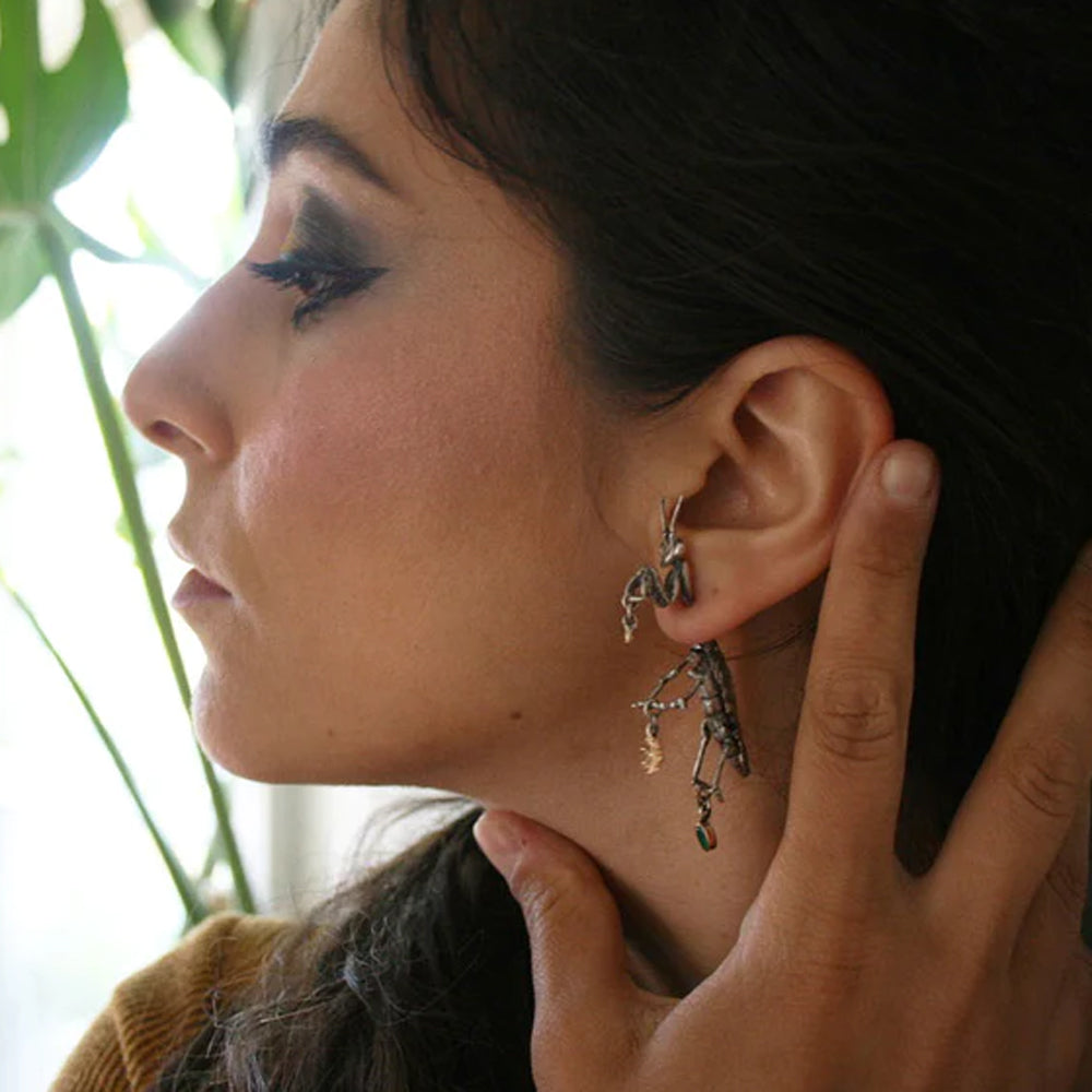 Sterling Silver & 14K Yellow Gold Praying Mantis Earring - "Mantodea"