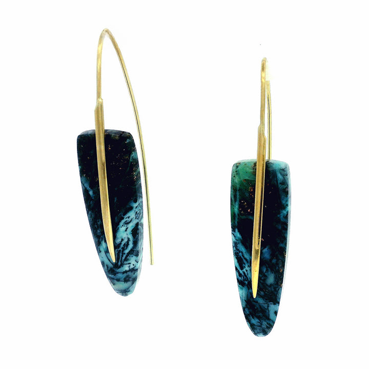 One-of-a-Kind Chrysocolla & Yellow Gold Earrings - "Feather"
