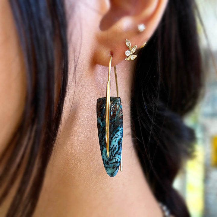 One-of-a-Kind Chrysocolla & Yellow Gold Earrings - "Feather"