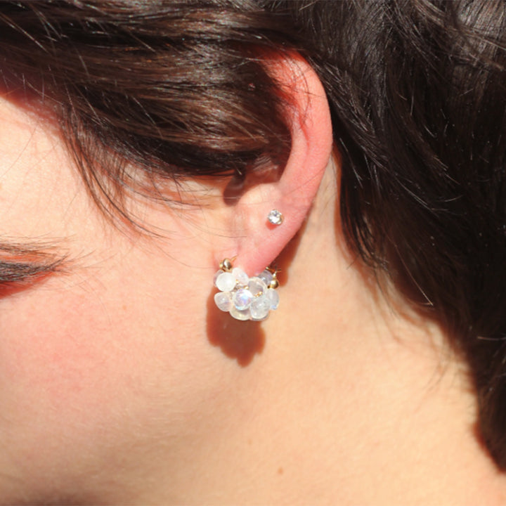 Rainbow Moonstone & Yellow Gold Huggie Earrings - "Cloud"