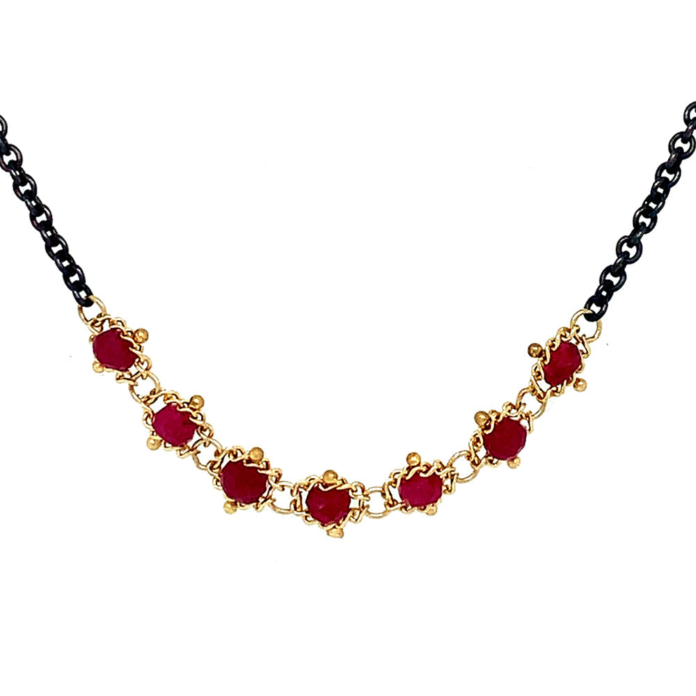 Ruby Rondelle Oxidized Sterling Silver & Gold Necklace - "Centered Textile"