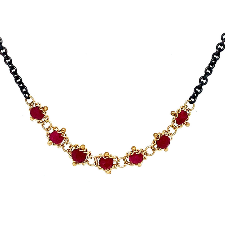 Ruby Rondelle Oxidized Sterling Silver & Gold Necklace - "Centered Textile"