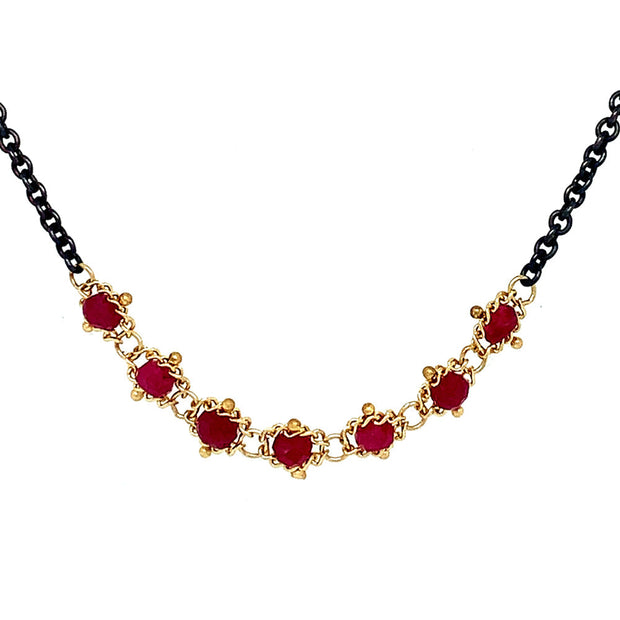 Oxidized Sterling Silver, Gold, & Ruby Rondelle Necklace - "Centered Textile"