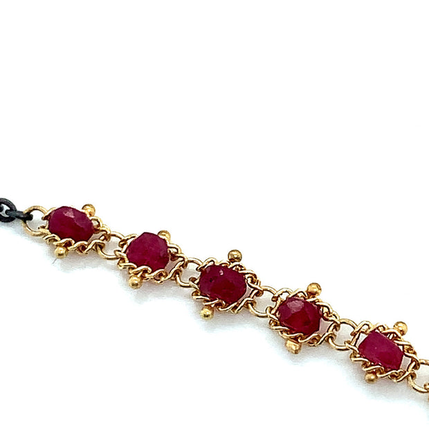 Oxidized Sterling Silver, Gold, & Ruby Rondelle Necklace - "Centered Textile"