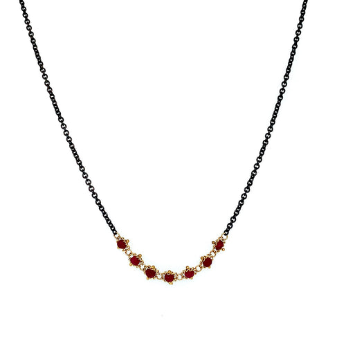 Ruby Rondelle Oxidized Sterling Silver & Gold Necklace - "Centered Textile"